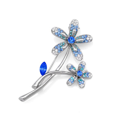 Twin Flower Brooch with Blue and Silver Austrian Element Crystals
