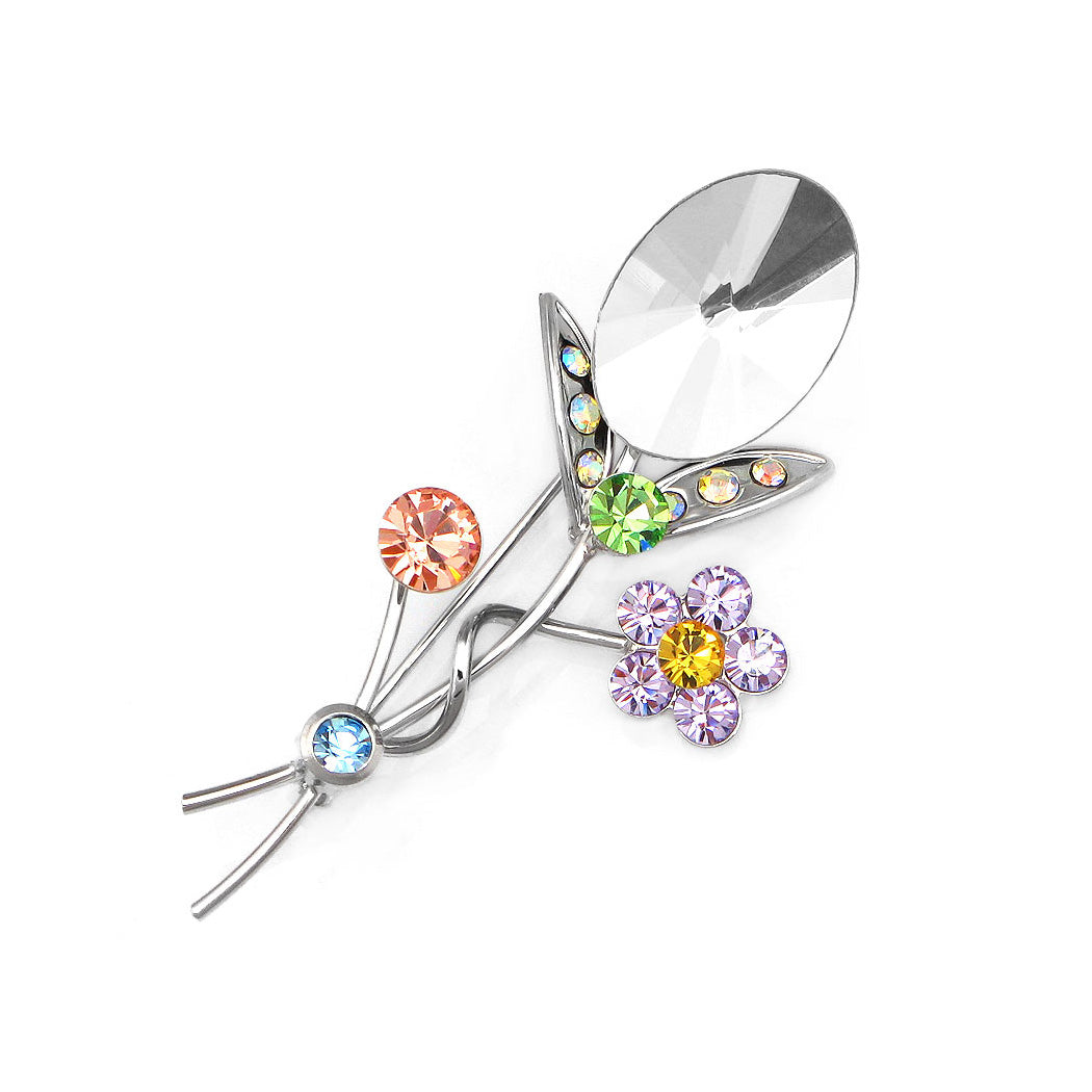 Gleaming Flower Brooch with Multi-colour Austrian Element Crystals and Silver CZ