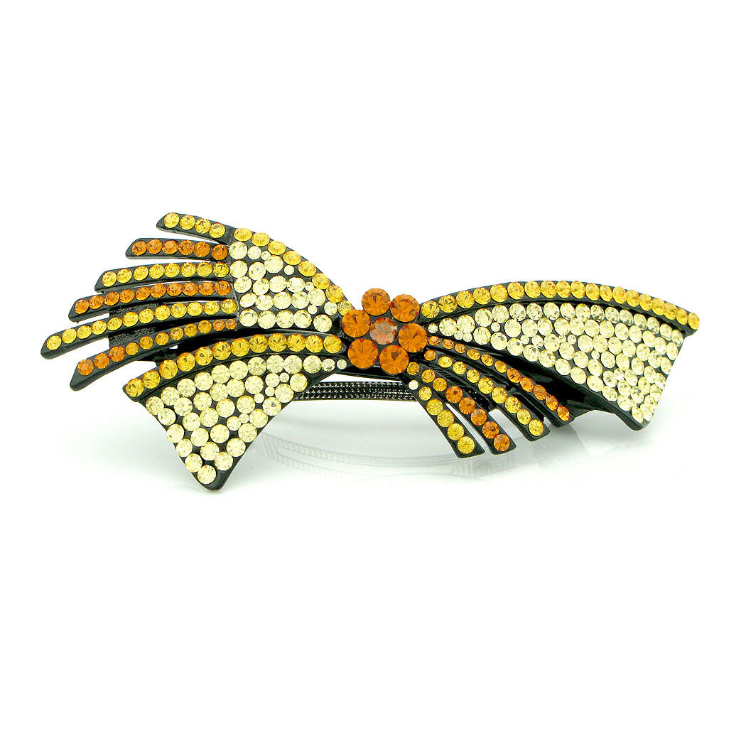 Glistering Flower and Ribbon Barrette with Orange and Yellow Austrian Element Crystals