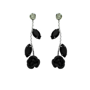 Leaves and Rose Earrings with Black Austrian Element Crystals
