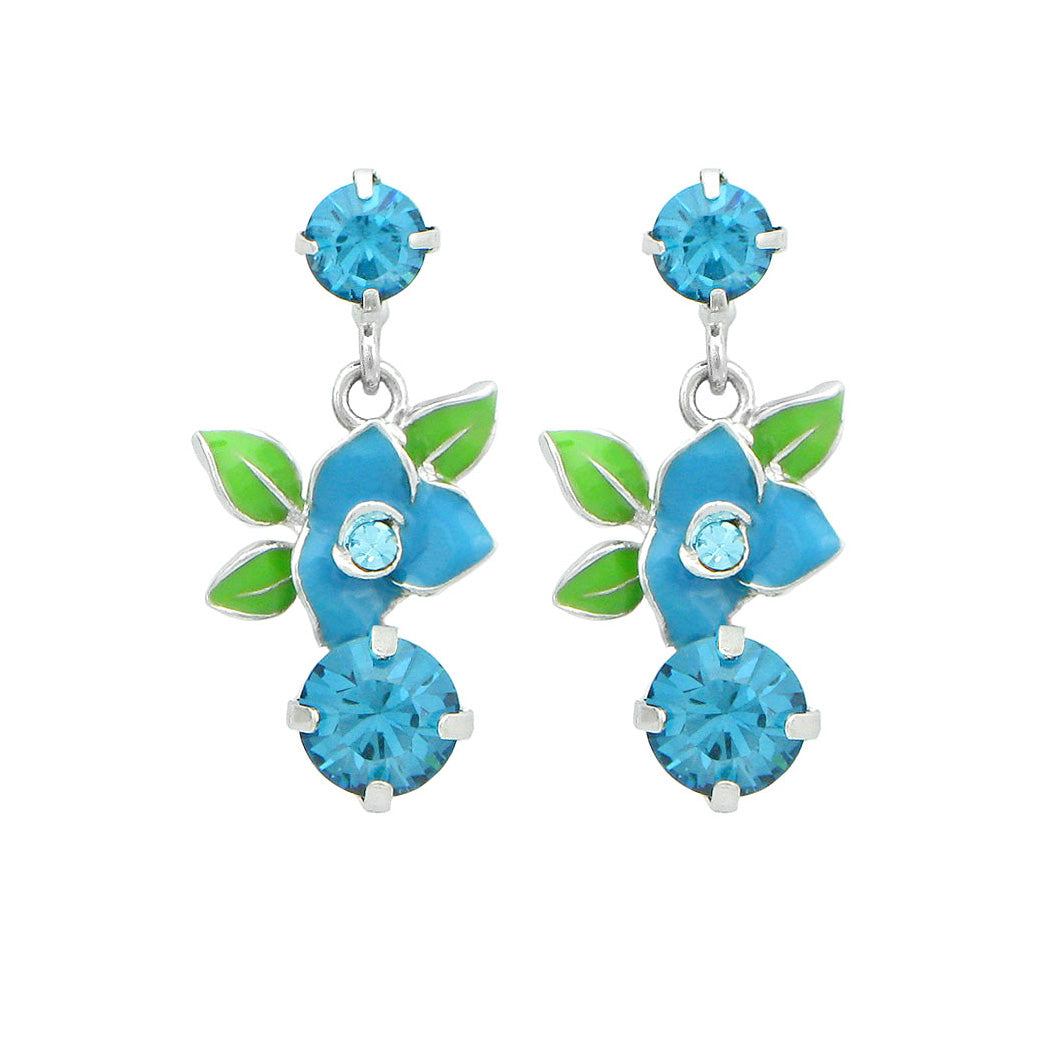 Antique Blue Flower Earrings with Blue Austrian Element Crystals