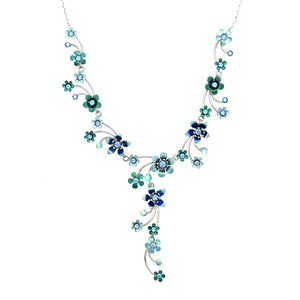 Tiny Blue Flowers Necklace with  Blue Austrian Element Crystals