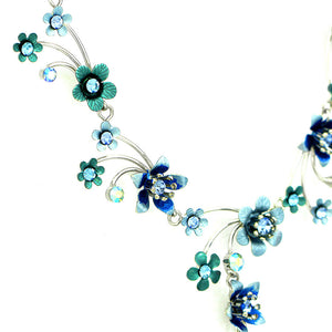 Tiny Blue Flowers Necklace with  Blue Austrian Element Crystals