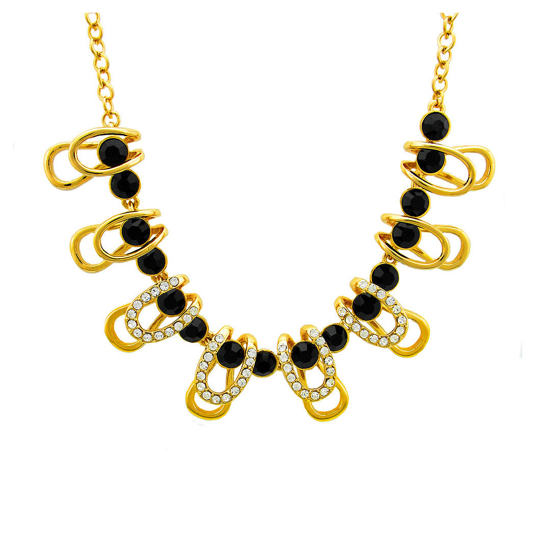 Stylish Golden Necklace with Black and Silver Austrian Element Crystals