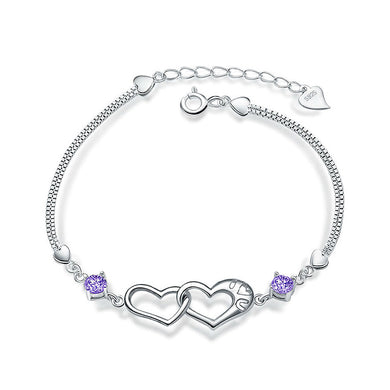 White Gold Plated 925 Sterling Silver with Purple Cublic Zirconia Heart-shaped Bracelet