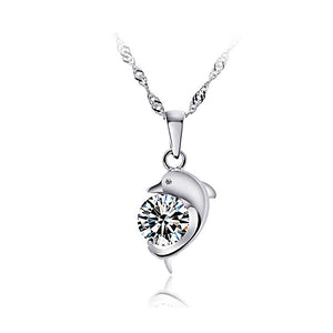 White Gold Plated 925 Sterling Silver Dolphin Pendant with White Cubic Zirconia and 40cm Necklace