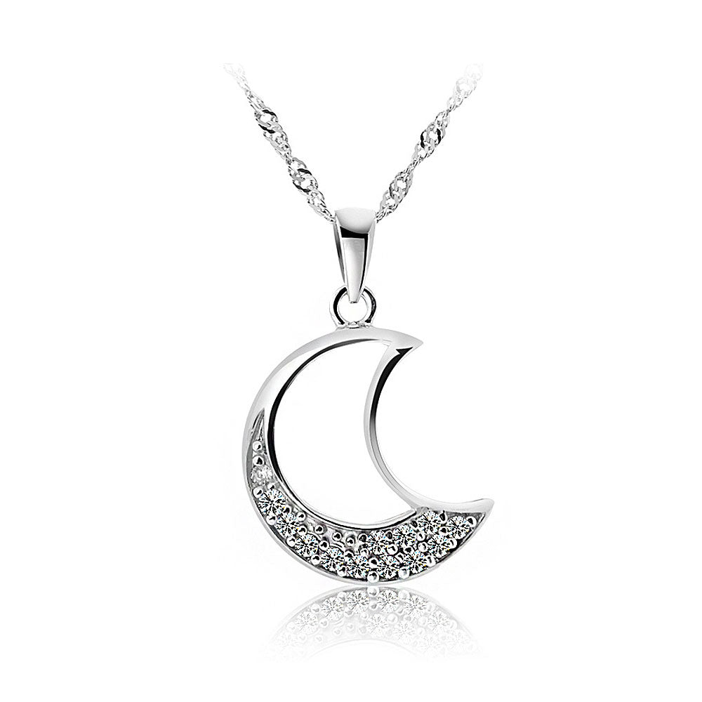 White Gold Plated 925 Sterling Silver Moon Pendant with White Cubic Zirconia and 45cm Necklace