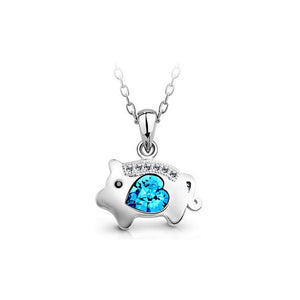 Chinese Zodiac Pig Pendant with Blue Austrian Element Crystal and Necklace