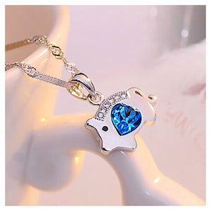 Chinese Zodiac Pig Pendant with Blue Austrian Element Crystal and Necklace