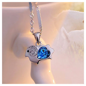 Chinese Zodiac Ram Pendant with Blue Austrian Element Crystal and Necklace