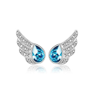 925 Sterling Silver Angel Wing Stud Earrings with Blue Austrian Element Crystal - Glamorousky