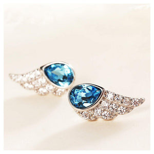925 Sterling Silver Angel Wing Stud Earrings with Blue Austrian Element Crystal - Glamorousky