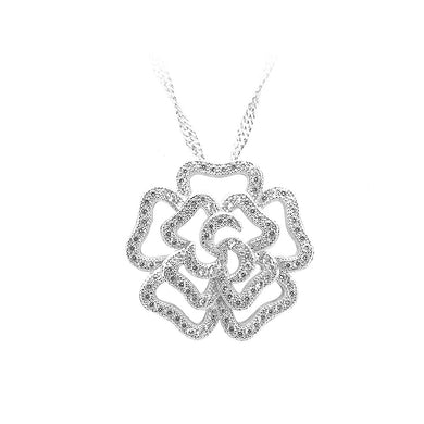 925 Sterling Silver Rose Pendant with White Cubic Zircon and Necklace