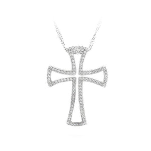 925 Sterling Silver Cross Pendant with White Cubic Zircon and Necklace