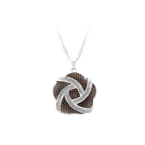 925 Sterling Silver Flower Pendant with White and Brown Cubic Zircon and Necklace