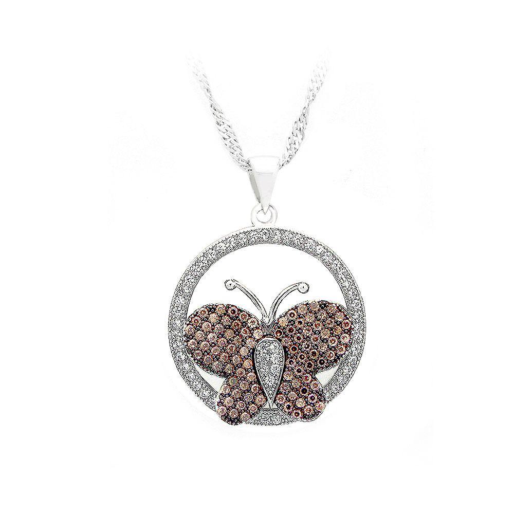 925 Sterling Silver Butterfly Pendant with Brown and White Cubic Zircon and Necklace - Glamorousky