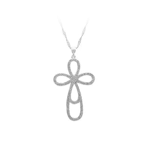 925 Sterling Silver Flower-shaped Cross Pendant with White Cubic Zircon and Necklace