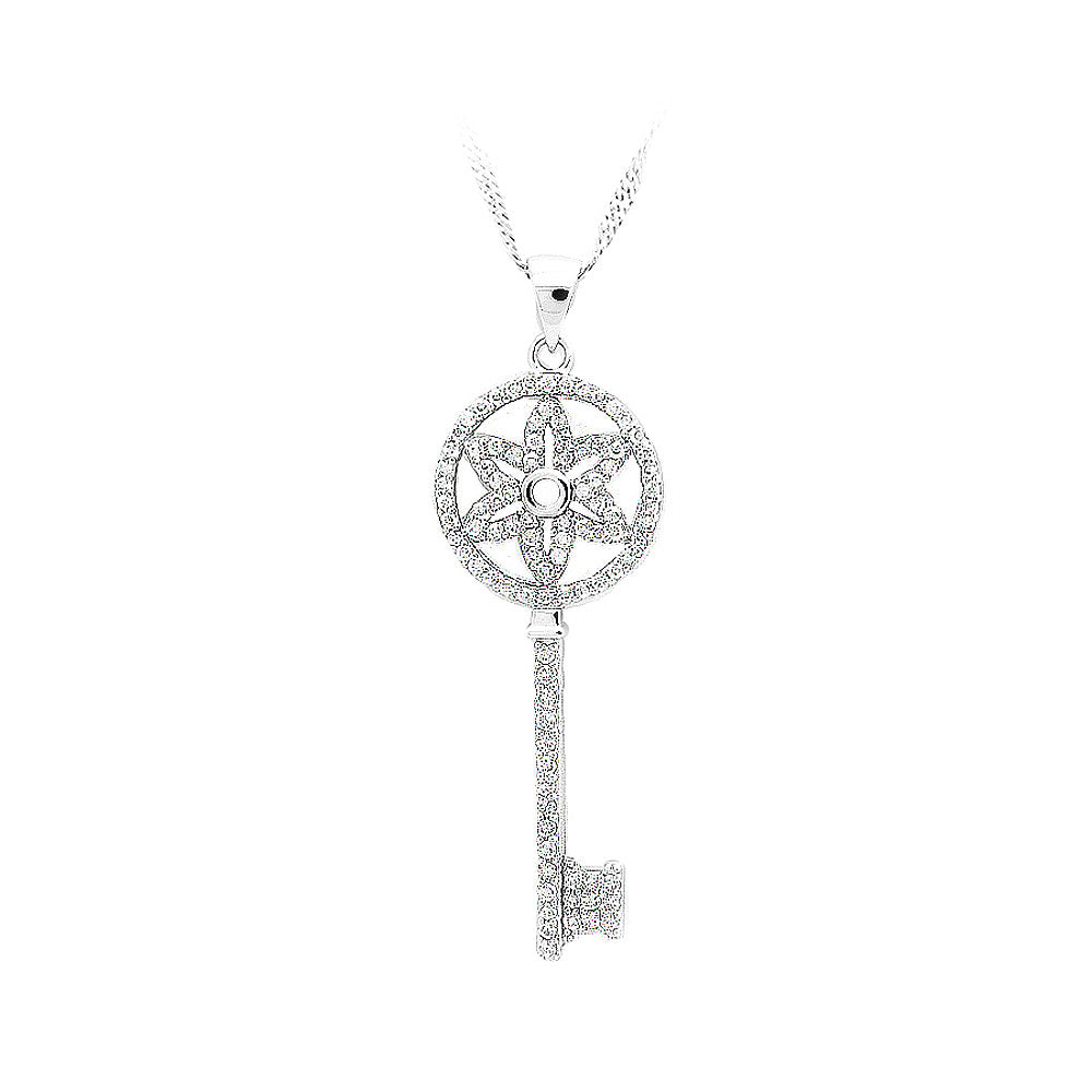 925 Sterling Silver Key Pendant with White Cubic Zircon and Necklace