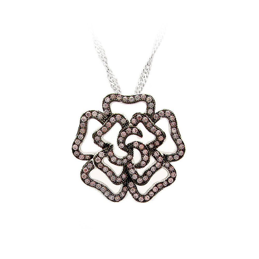925 Sterling Silver Rose Pendant with Brown Cubic Zircon and Necklace