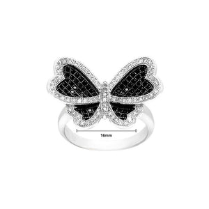 925 Sterling Silver Butterfly Ring with Black and White Cubic Zircon - Glamorousky