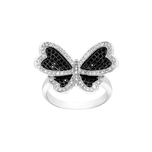 925 Sterling Silver Butterfly Ring with Black and White Cubic Zircon - Glamorousky