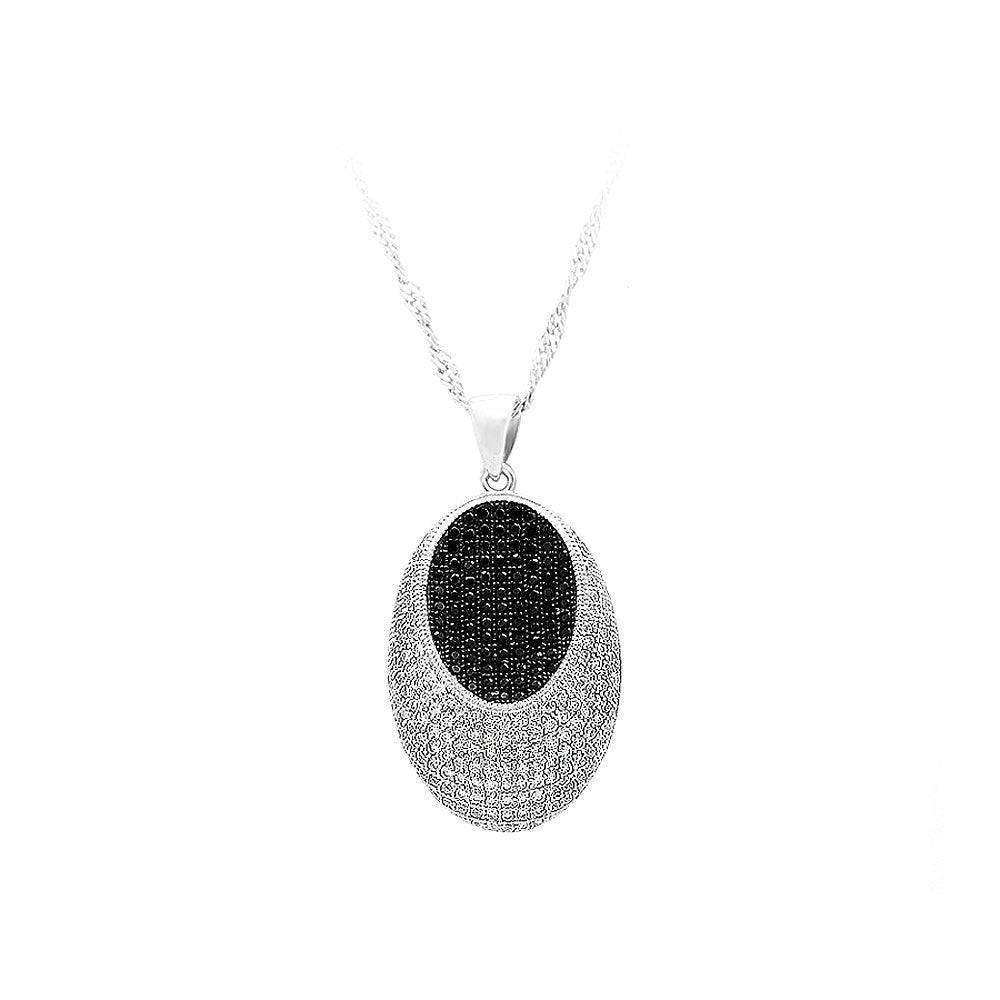 925 Sterling Silver Oval Pendant with White and Black Cubic Zircon and Necklace