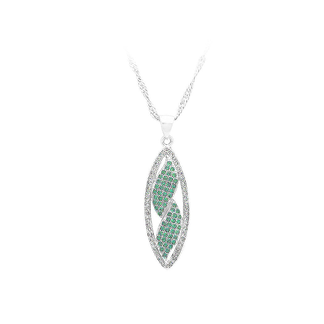 925 Sterling Silver Leaf Pendant with White and Green Cubic Zircon and Necklace