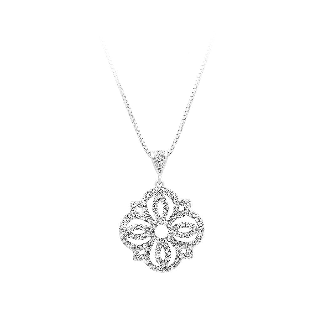 925 Sterling Silver Flower Pendant with White Cubic Zircon and Necklace