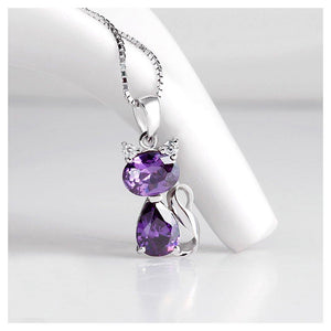 925 Sterling Silver Cat Pendant with Purple Cubic Zircon and Necklace - Glamorousky