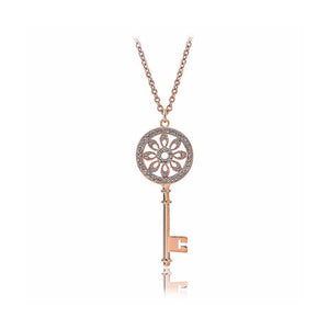 Rose Gold Plated Key Pendant with White Austrian Element Crystal and Necklace