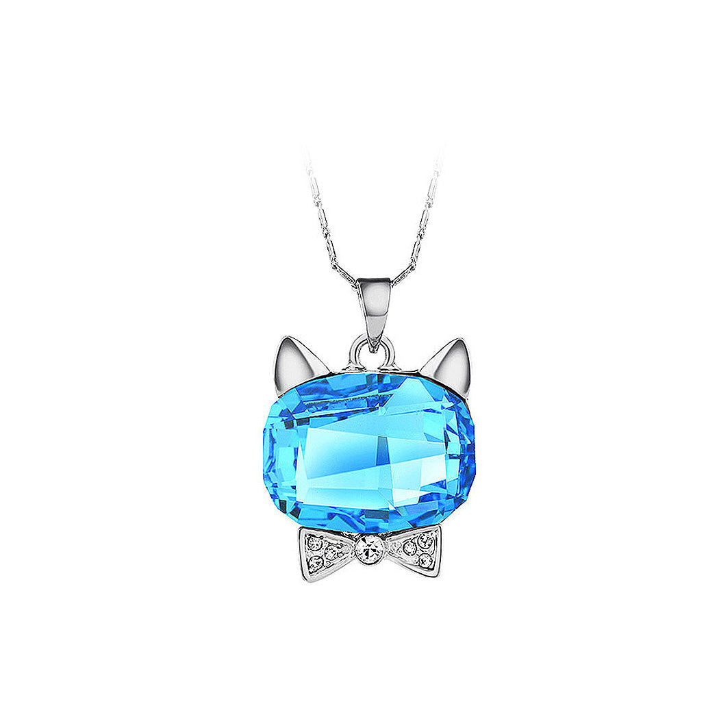 Cute Cat Pendant with Blue Austrian Element Crystal and Necklace