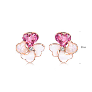 Beautiful Four-leafed Clover with Rose Red Austrian Element Crystal Stud Earrings