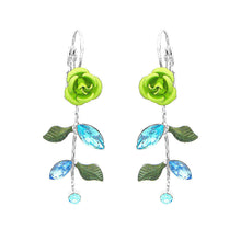 Load image into Gallery viewer, Green Rose Earrings with Blue Austrian Element Crystal and Crystal Glass