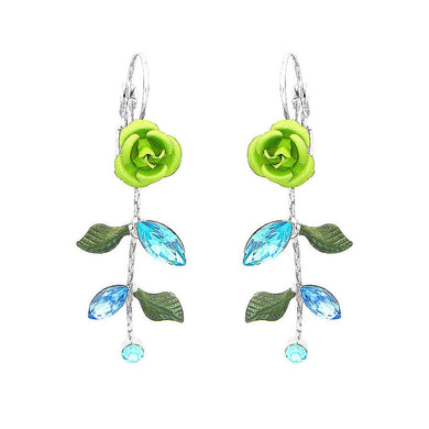 Green Rose Earrings with Blue Austrian Element Crystal and Crystal Glass