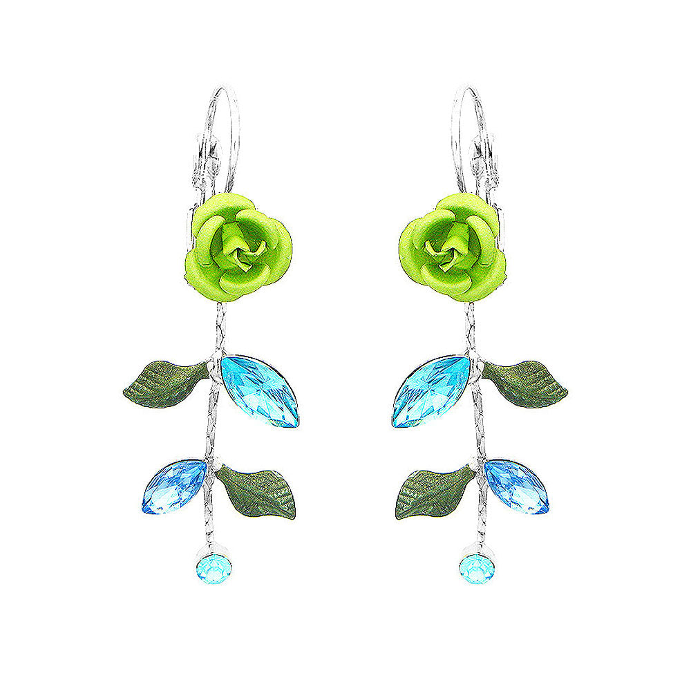 Green Rose Earrings with Blue Austrian Element Crystal and Crystal Glass