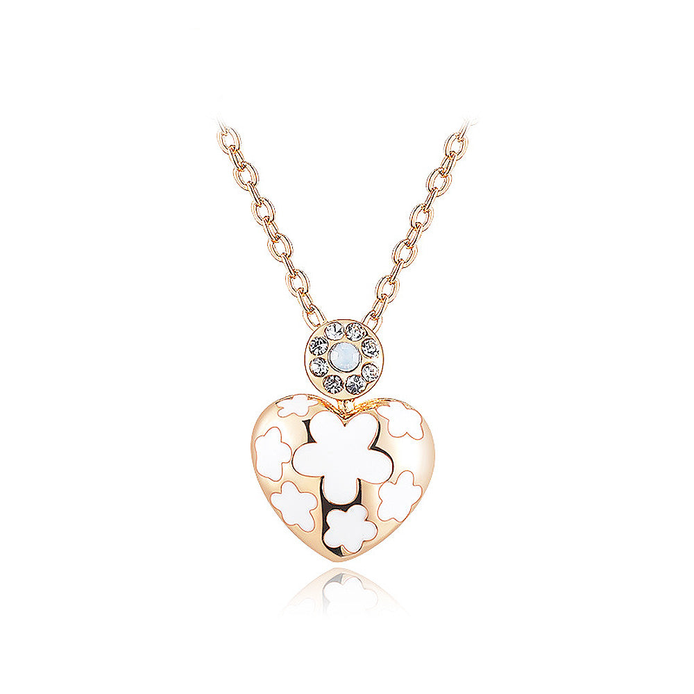 Fashion Rose Gold Plated White Flower and Heart Pendant with White Austrian Element Crystal and Necklace