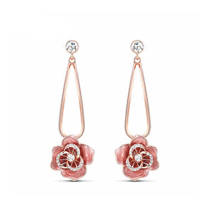 Sweet Rose Golden Plated White Flower Earrings with Austrian Element Crystal
