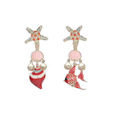 Fashion Con Chan's Fish Asymmetric Non Piercing Earrings with Multi-colored Austrian Element Crystal