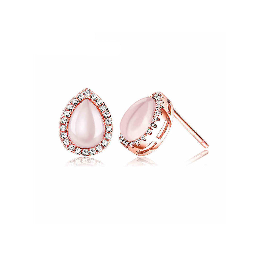 Simple 925 Sterling Silver Rose Golden Plated Water Drop Stub Earrings with Rose Quartz and White Austrian Elements Crystal
