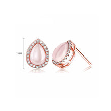 Load image into Gallery viewer, Simple 925 Sterling Silver Rose Golden Plated Water Drop Stub Earrings with Rose Quartz and White Austrian Elements Crystal
