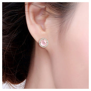 Fashion 925 Rose Golden Plated Stub Earrings with Rose Quartz and Austrian Elements Crystal