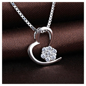 Simple 925 Sterling Silver Heart-shaped Pendant with White Austrian Elements Crystal and Necklace