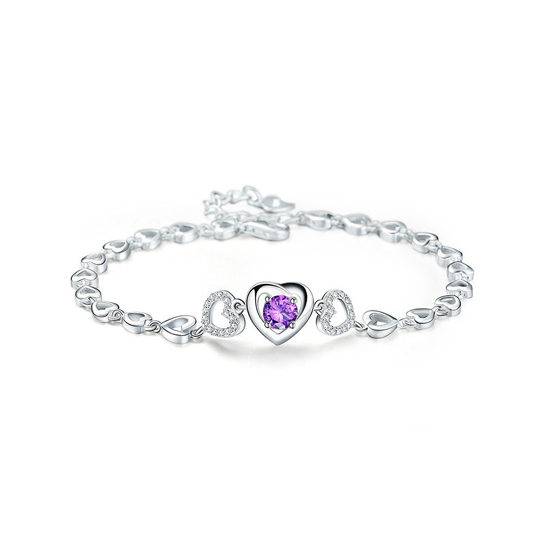 Fashion 925 Sterling Silver Heart Bracelet with Purple Cubic Zircon