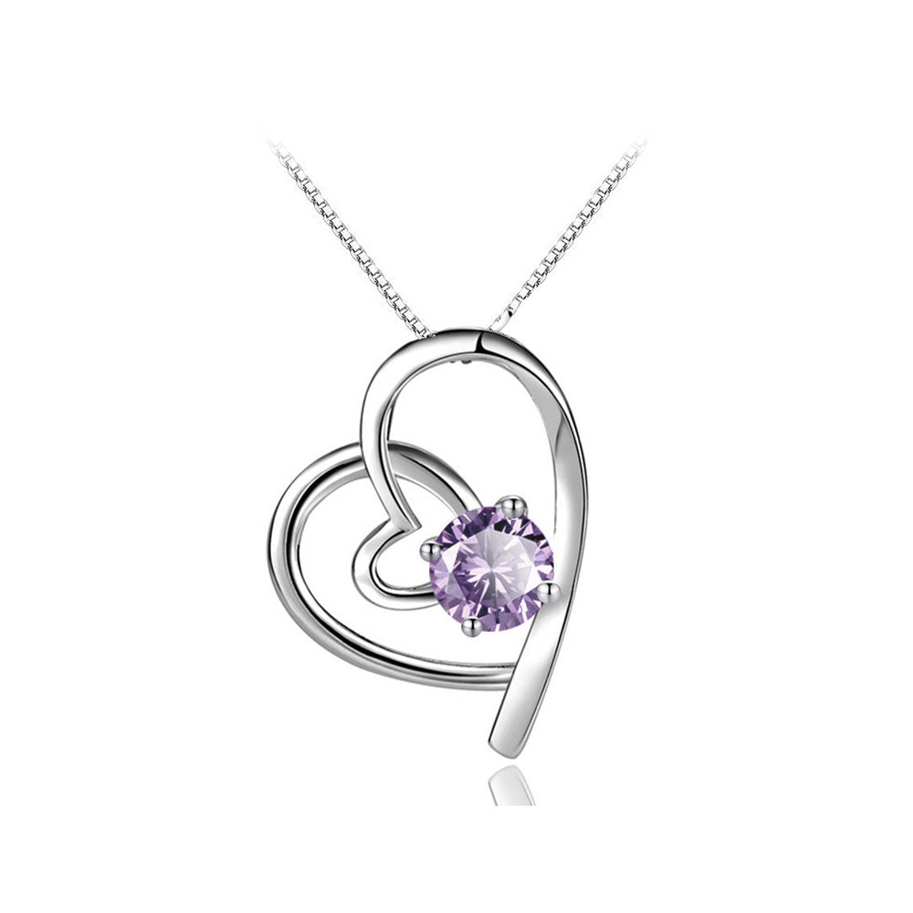 Fashion 925 Sterling Silver Heart Pendant with Purple Cubic Zircon and Necklace