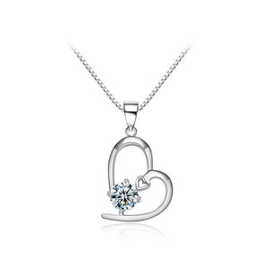 Simple 925 Sterling Silver Heart-shaped Pendant with White Cubic Zircon and Necklace