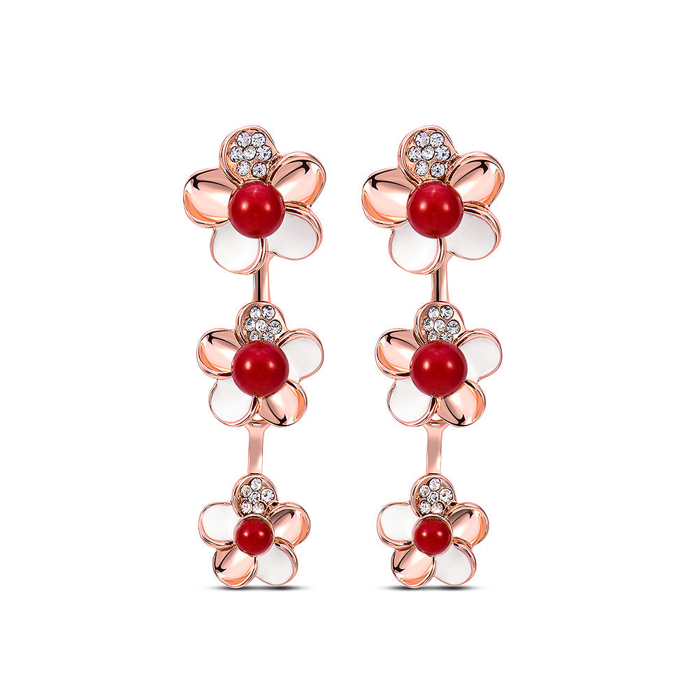 Fashion Flower Plated Rose Gold Earrings with White Cubic Zircon and Red Fashion Pearls