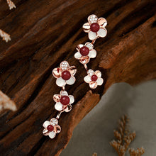 Load image into Gallery viewer, Fashion Flower Plated Rose Gold Earrings with White Cubic Zircon and Red Fashion Pearls