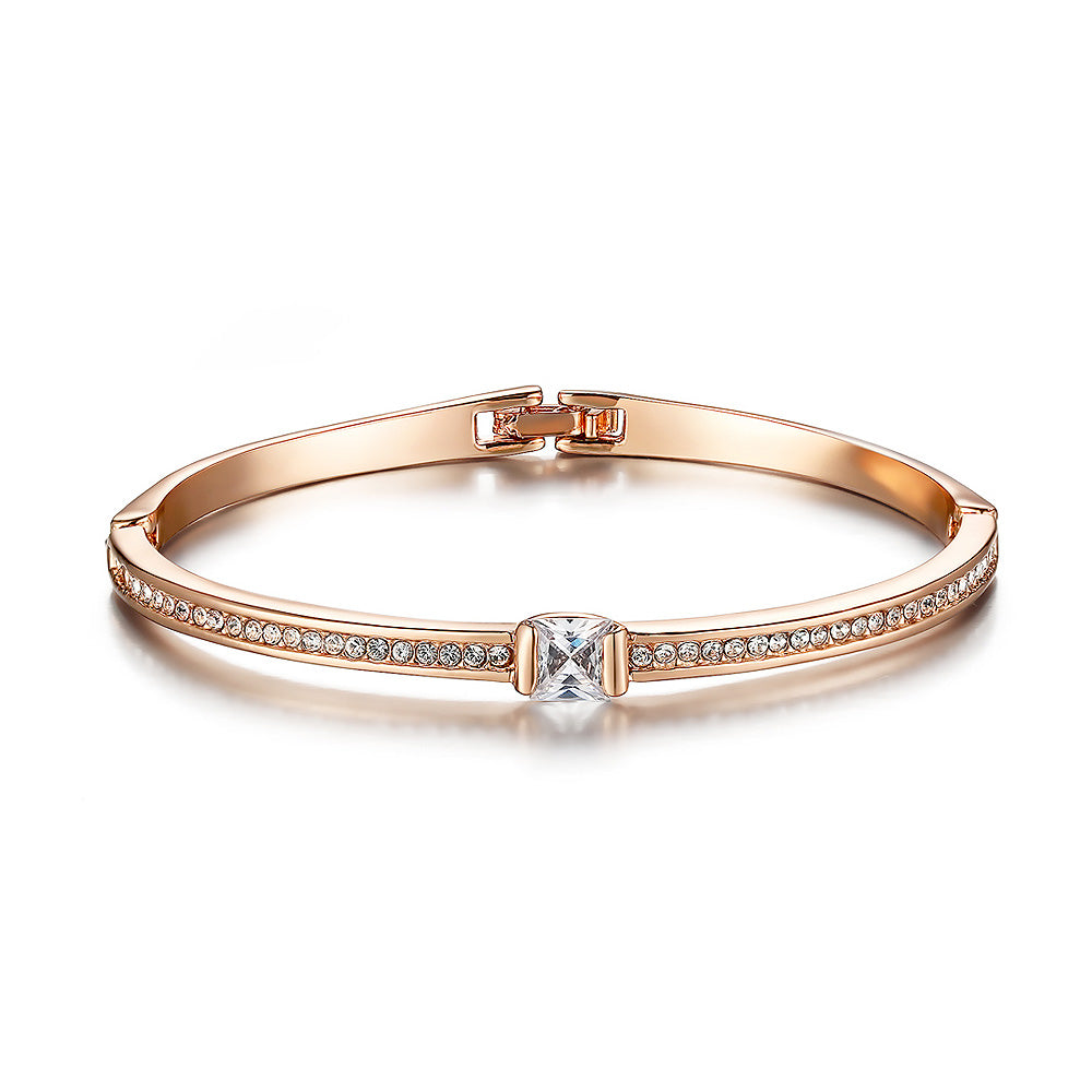 Simple Plated Rose Golden Bangle with White Austrian Element Crystals