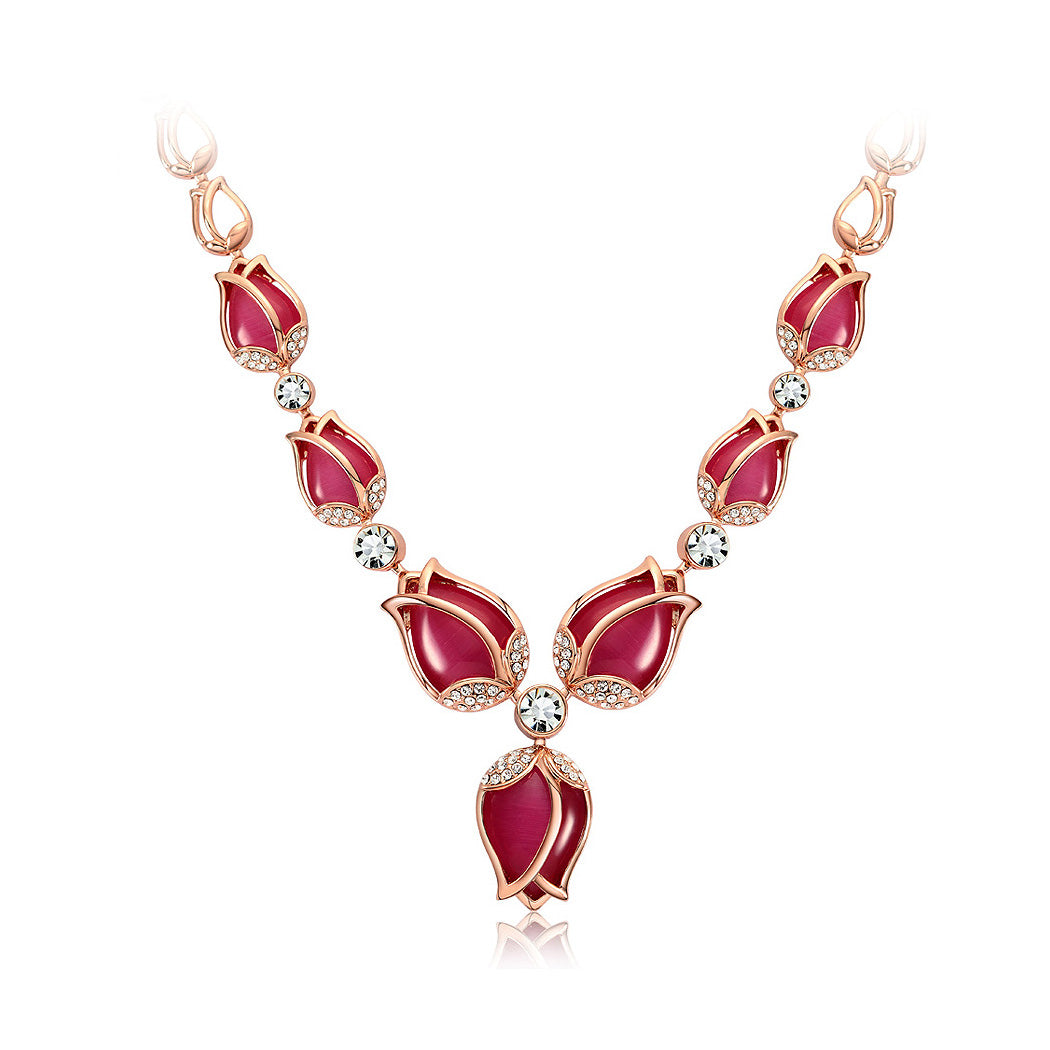 Fashion Tulip Necklace with White Austrian Element Crystals and Rose Red Fashion Cat‘s Eye