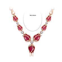 Load image into Gallery viewer, Fashion Tulip Necklace with White Austrian Element Crystals and Rose Red Fashion Cat‘s Eye